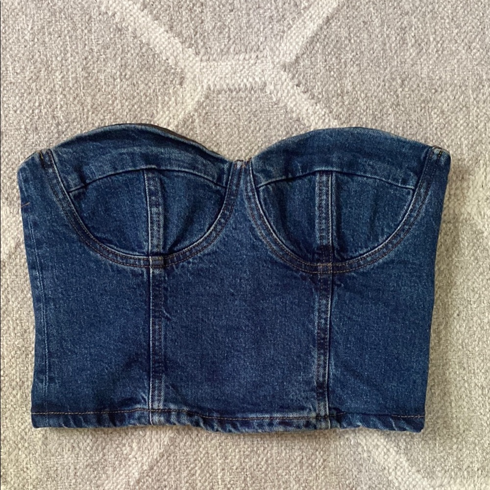 Reformation Denim Bustier Crop Top - Dark Blue